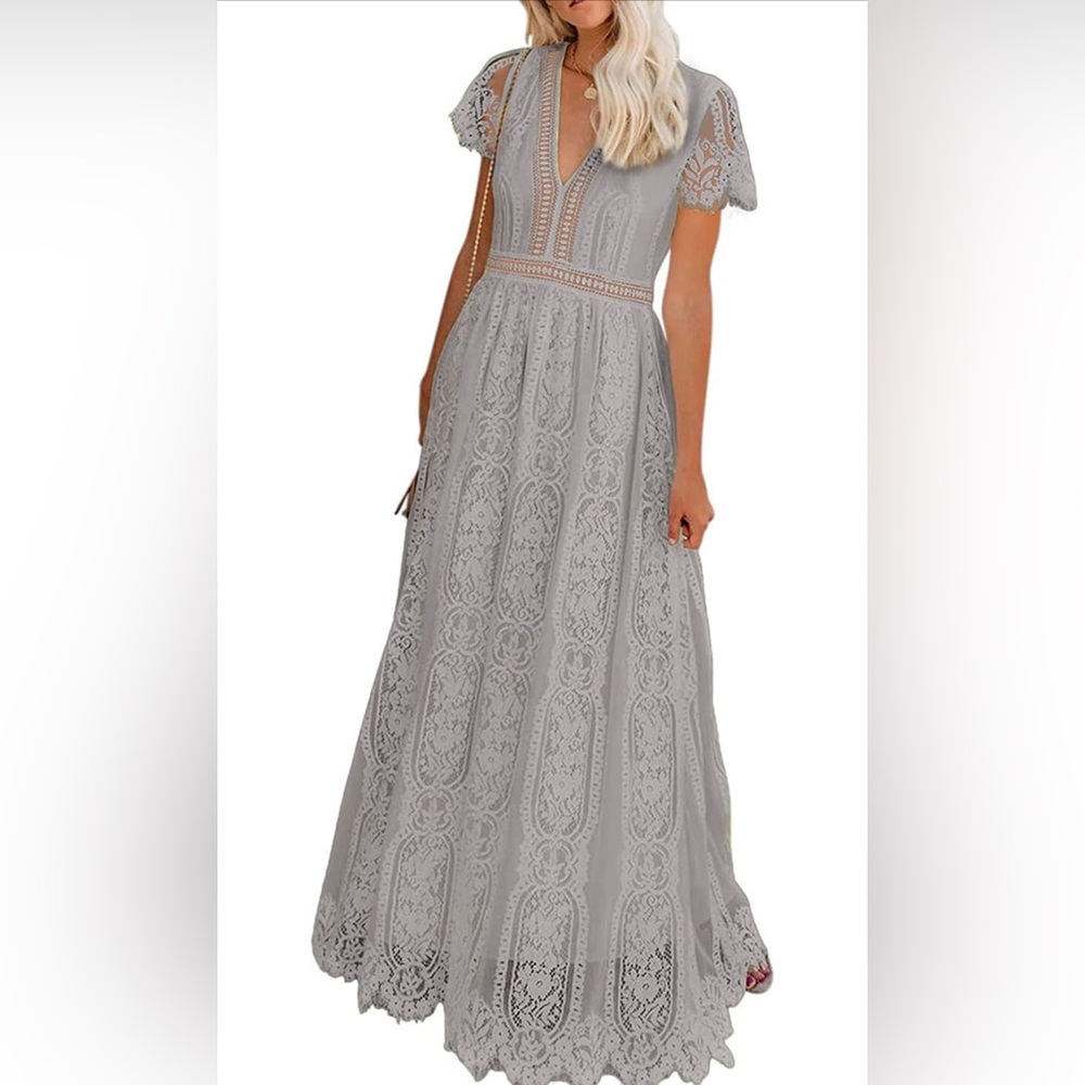 Bdcoco Women's Floral Lace Dress Short Sleeve Bridesmaid Party Maxi Dress